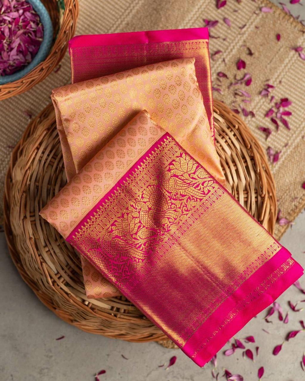 Peach Soft Banarasi Silk Saree with Pink Jacquard Zari Border