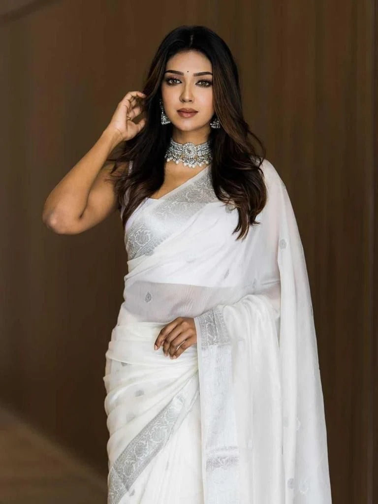 White Soft Silk Saree with Subtle Jacquard and Matching Blouse