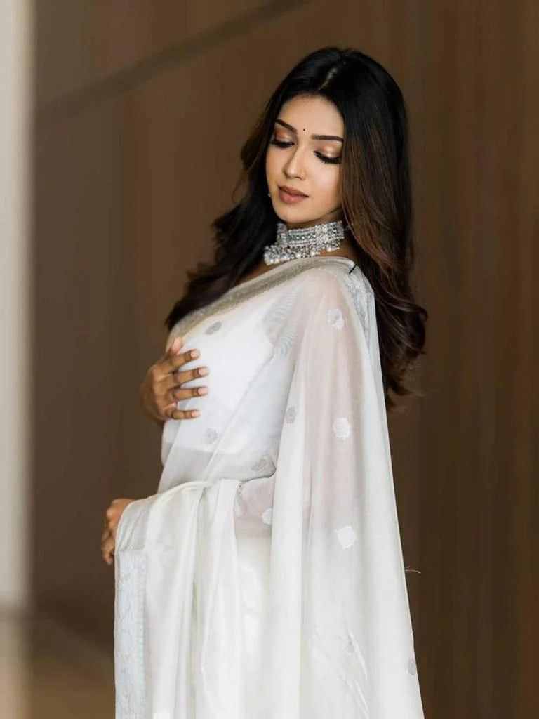 White Soft Silk Saree with Subtle Jacquard and Matching Blouse