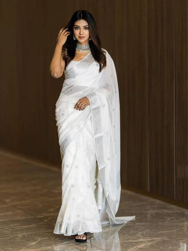 White Soft Silk Saree with Subtle Jacquard and Matching Blouse