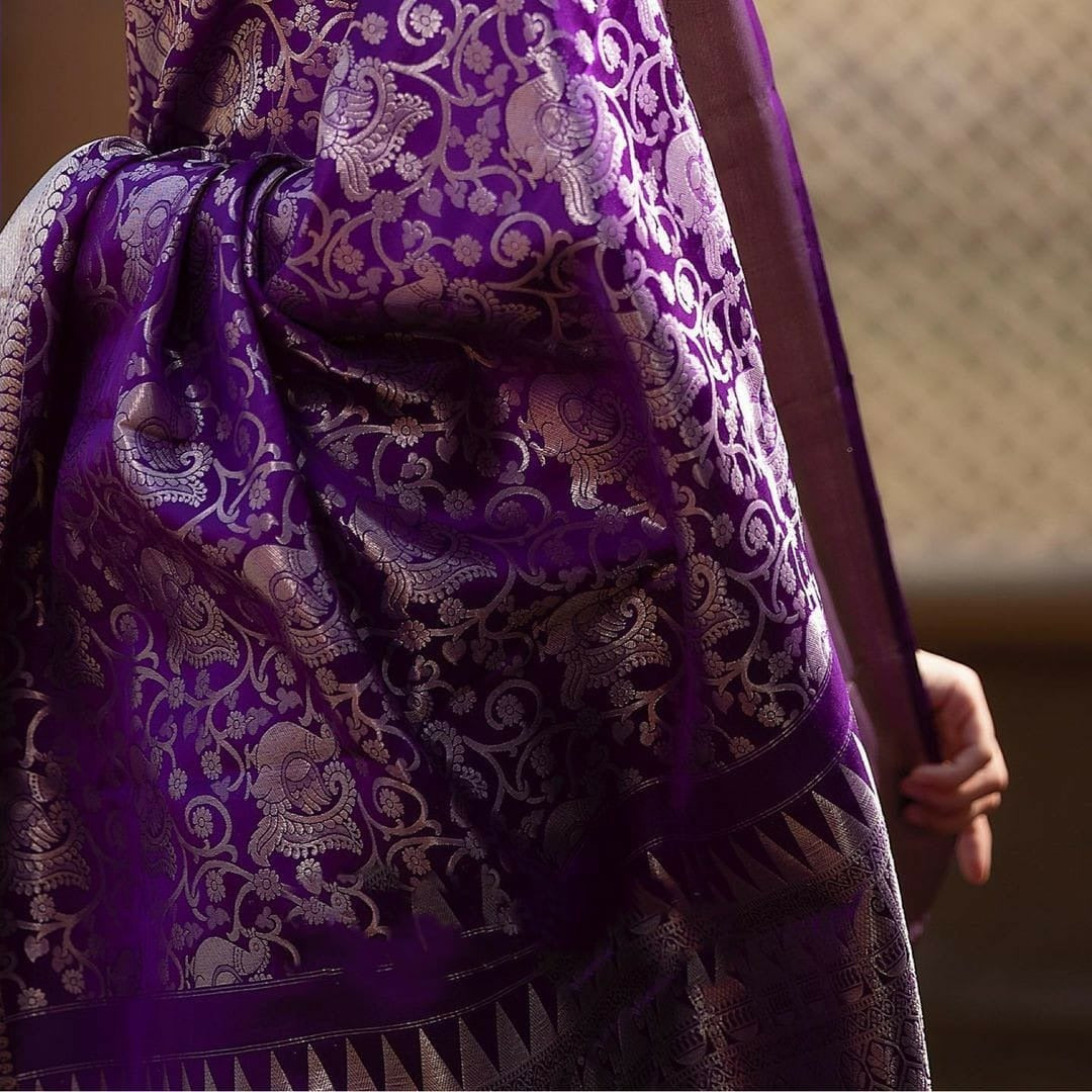 icultural - Purple Banarasi Silk Saree with Rich Silver Jacquard and Matching Blouse