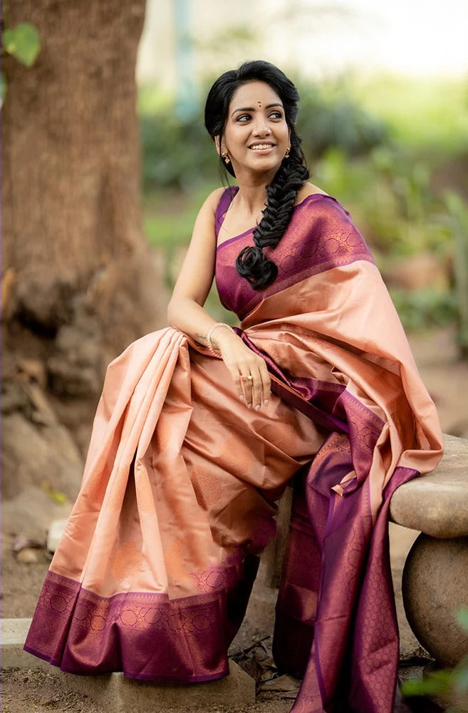 Peach Soft Banarasi Silk Saree with Copper Jacquard Buttas
