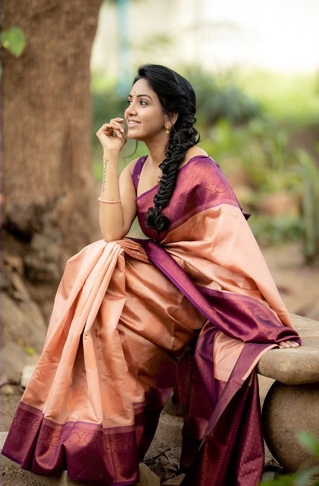 Peach Soft Banarasi Silk Saree with Copper Jacquard Buttas