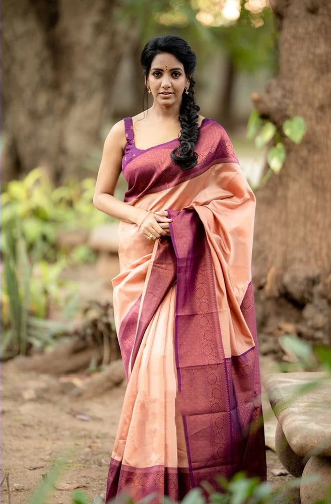 Peach Soft Banarasi Silk Saree with Copper Jacquard Buttas