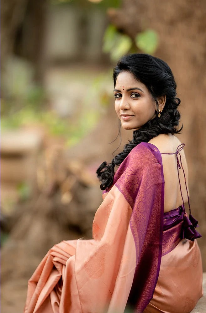 Peach Soft Banarasi Silk Saree with Copper Jacquard Buttas