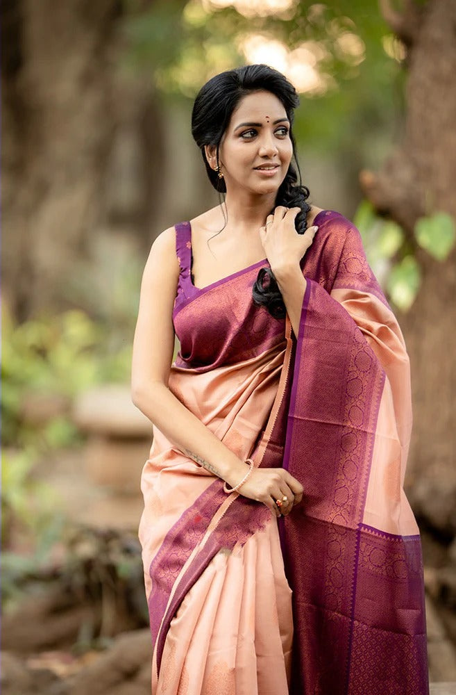 Peach Soft Banarasi Silk Saree with Copper Jacquard Buttas