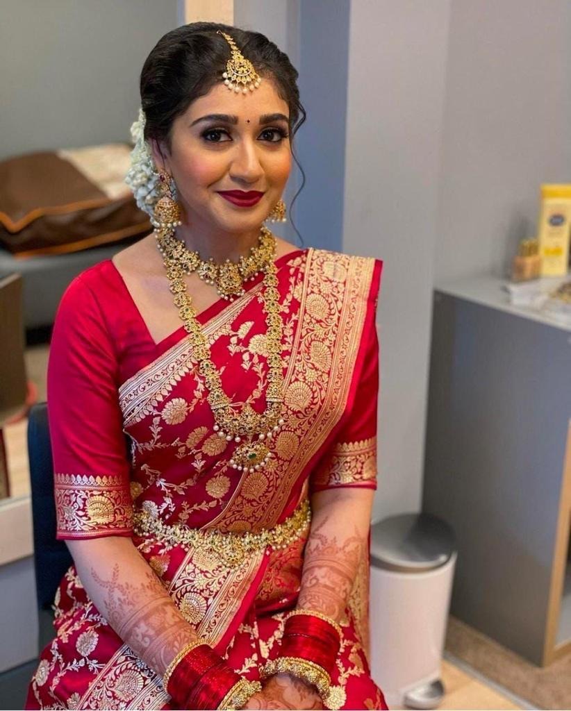 Red Soft Silk Saree with Red Jacquard Blouse