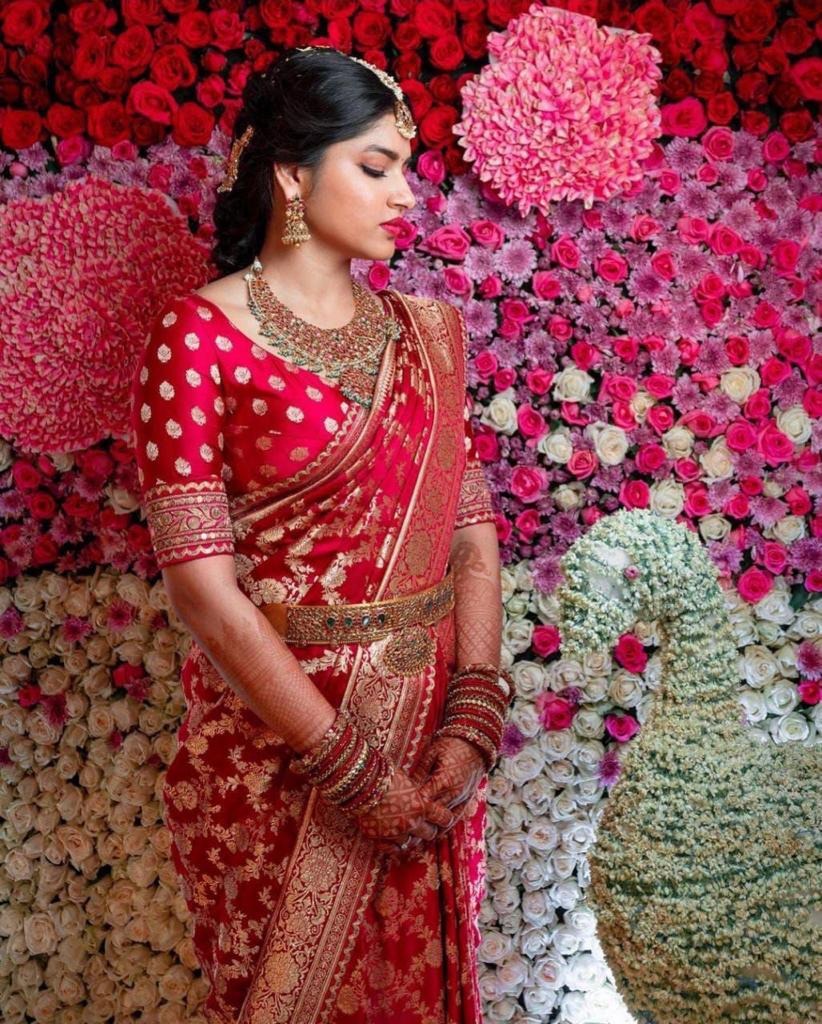 Red Soft Silk Saree with Red Jacquard Blouse