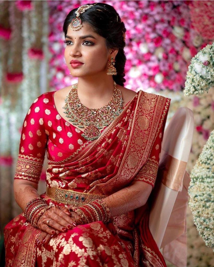Red Soft Silk Saree with Red Jacquard Blouse