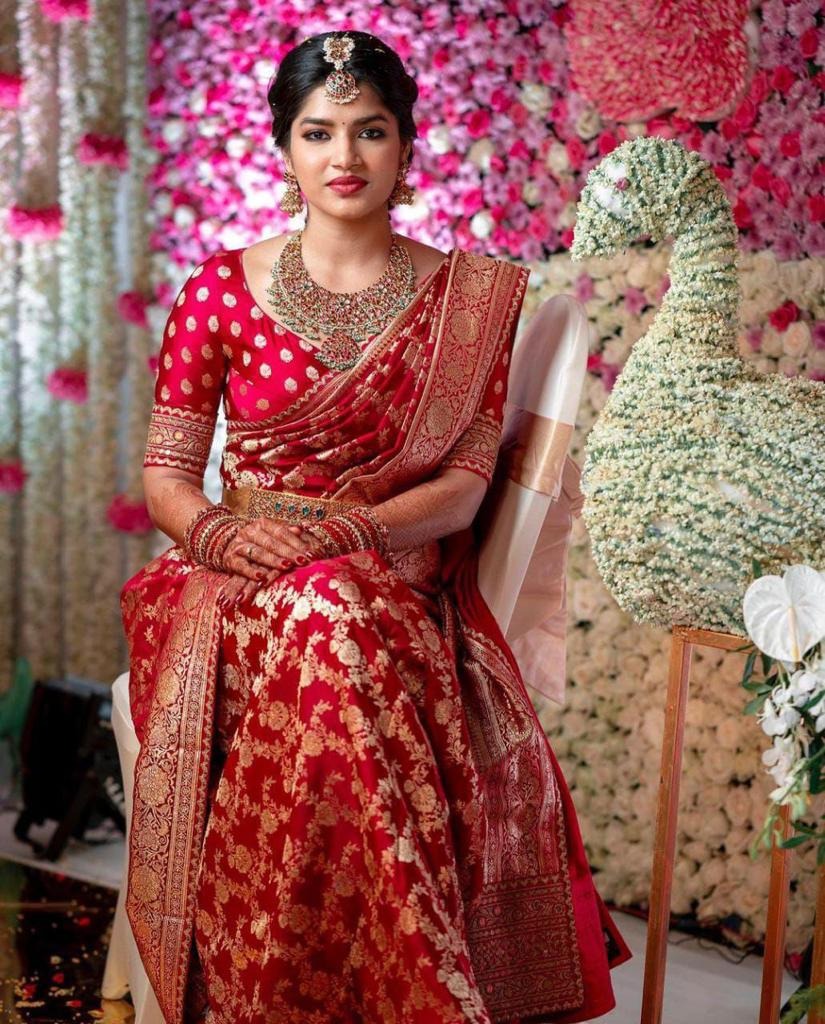 Red Soft Silk Saree with Red Jacquard Blouse