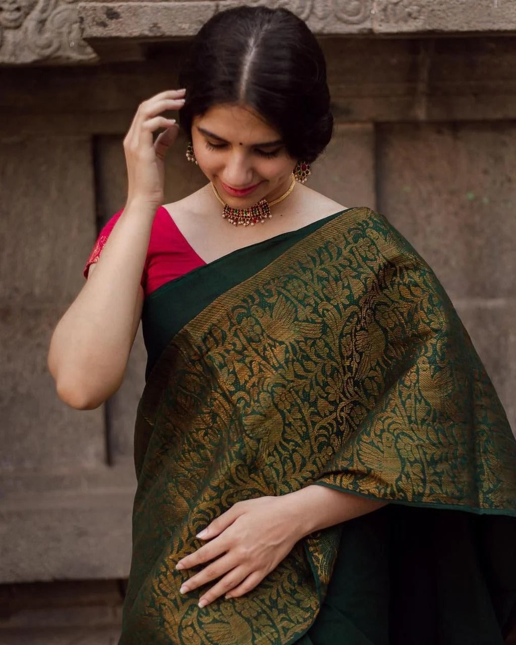Charvika - Green Soft Silk Saree with icultural Gold Border and Red Blouse