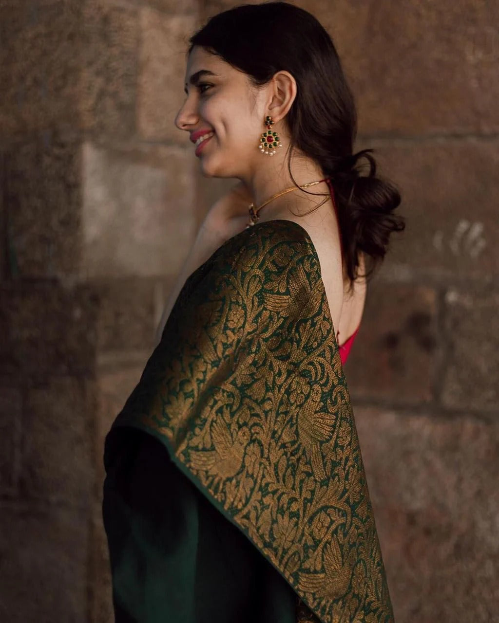 Charvika - Green Soft Silk Saree with icultural Gold Border and Red Blouse