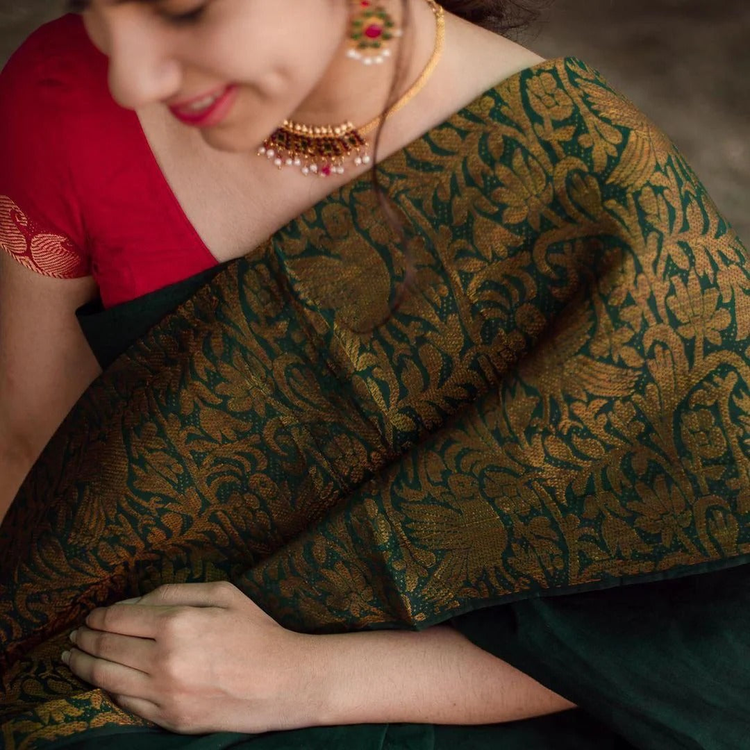 Charvika - Green Soft Silk Saree with icultural Gold Border and Red Blouse