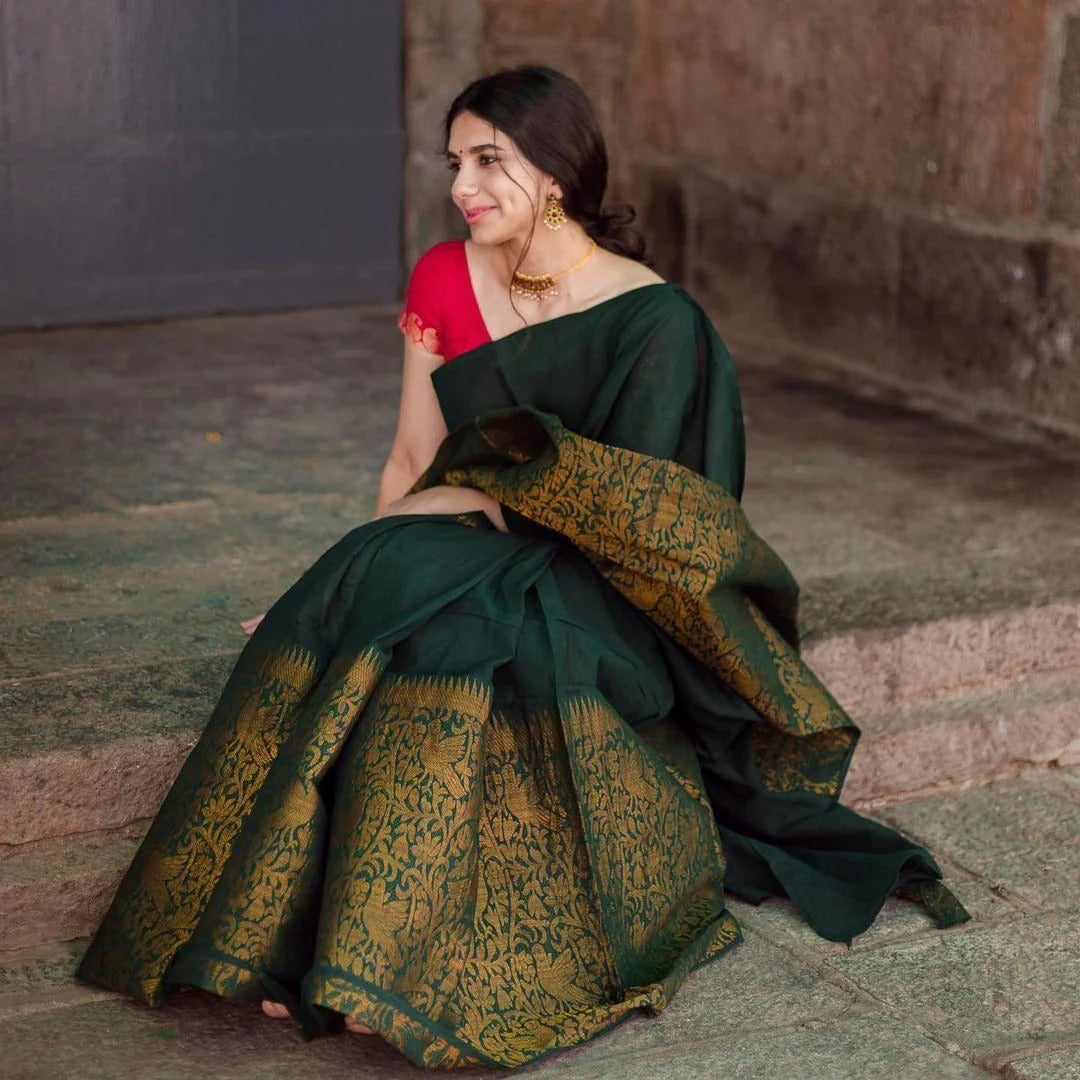 Charvika - Green Soft Silk Saree with icultural Gold Border and Red Blouse